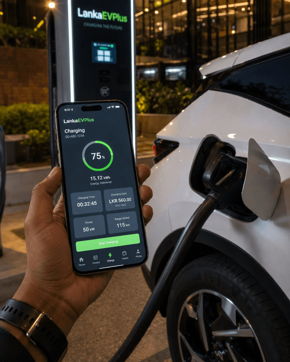 A driver holding a phone showing a live LankaEVPlus charging session at 75 percent