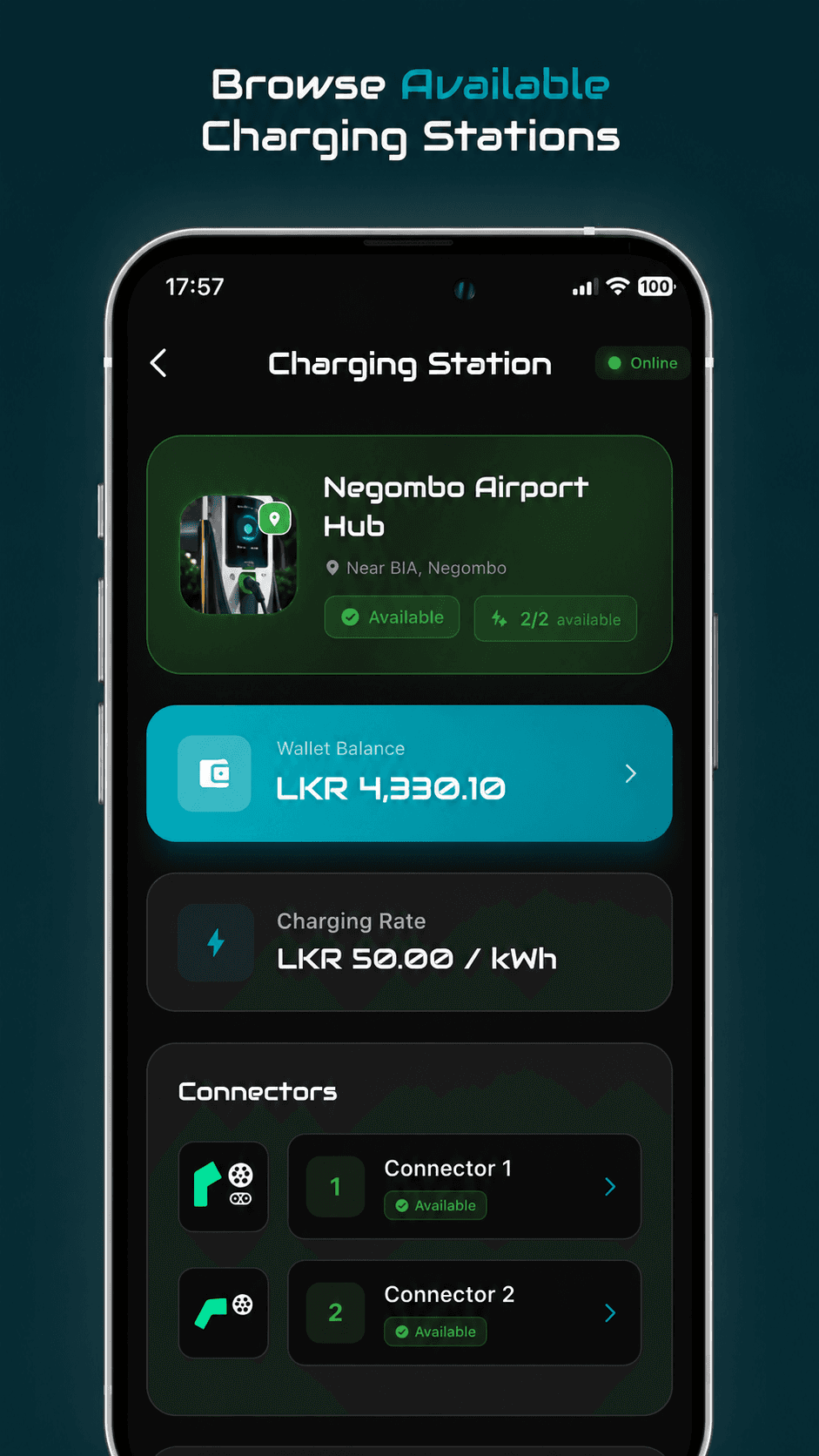 LankaEVPlus charging station detail screen showing connectors and charging rate